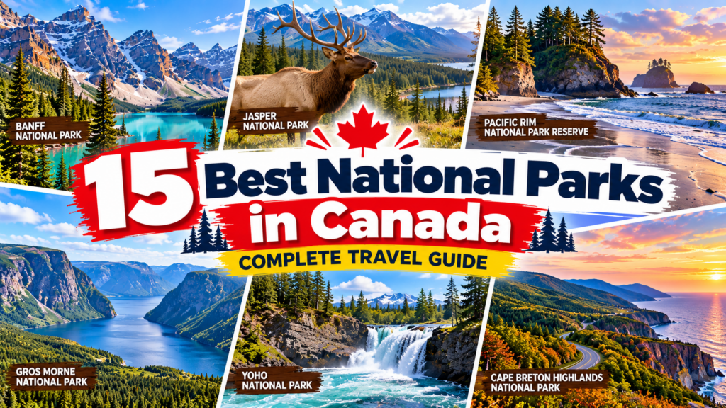 Collage illustrating 15 best national parks in Canada with mountain lakes, wildlife, coastal cliffs, forests and waterfalls