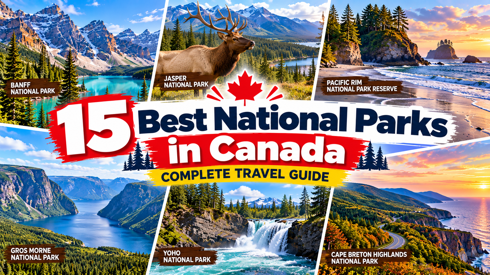Collage illustrating 15 best national parks in Canada with mountain lakes, wildlife, coastal cliffs, forests and waterfalls