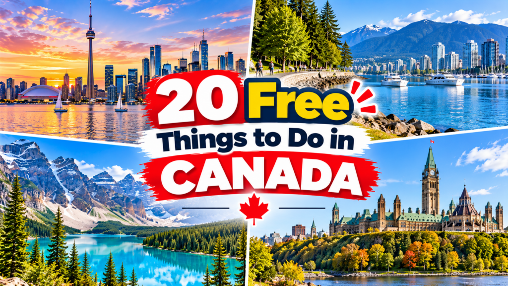 Collage of Toronto, Vancouver, Canadian Rockies and Ottawa attractions for a guide to free things to do in Canada