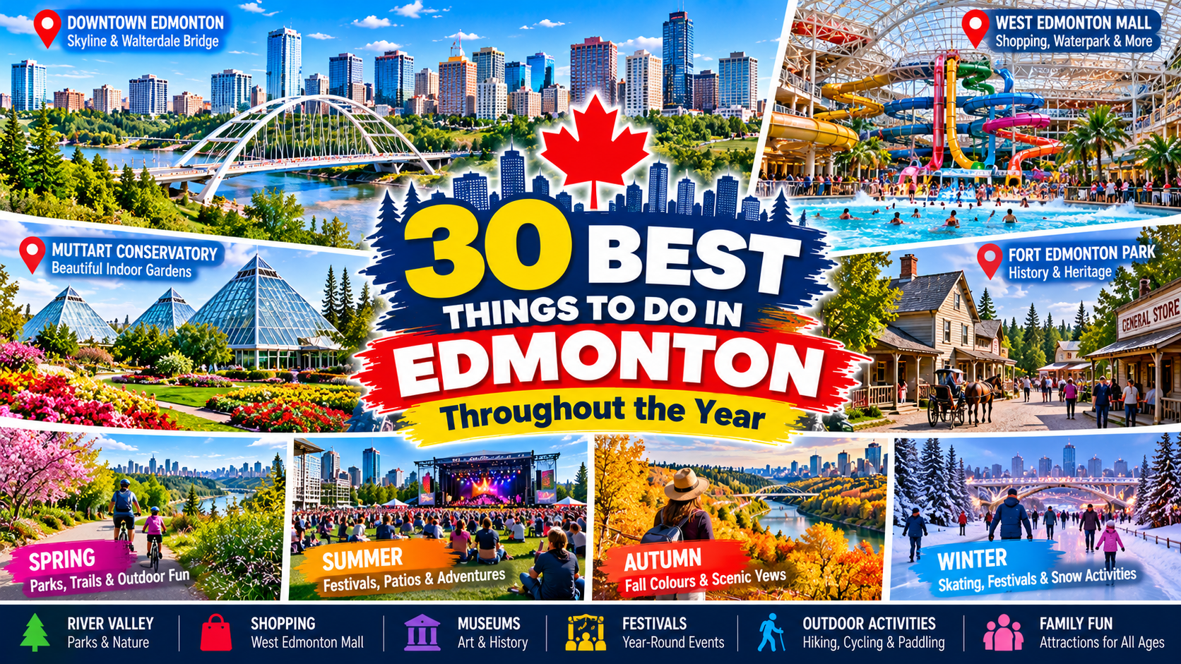 30 best things to do in Edmonton throughout the year featuring Walterdale Bridge, West Edmonton Mall, Muttart Conservatory, festivals and winter activities
