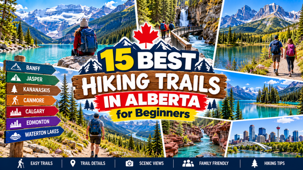 15 best hiking trails in Alberta for beginners featuring turquoise lakes, mountain trails, waterfalls and hikers in the Canadian Rockies