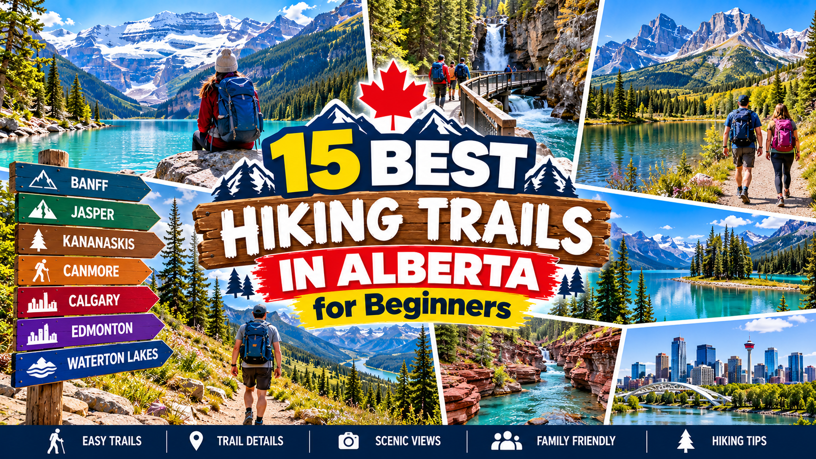 15 best hiking trails in Alberta for beginners featuring turquoise lakes, mountain trails, waterfalls and hikers in the Canadian Rockies