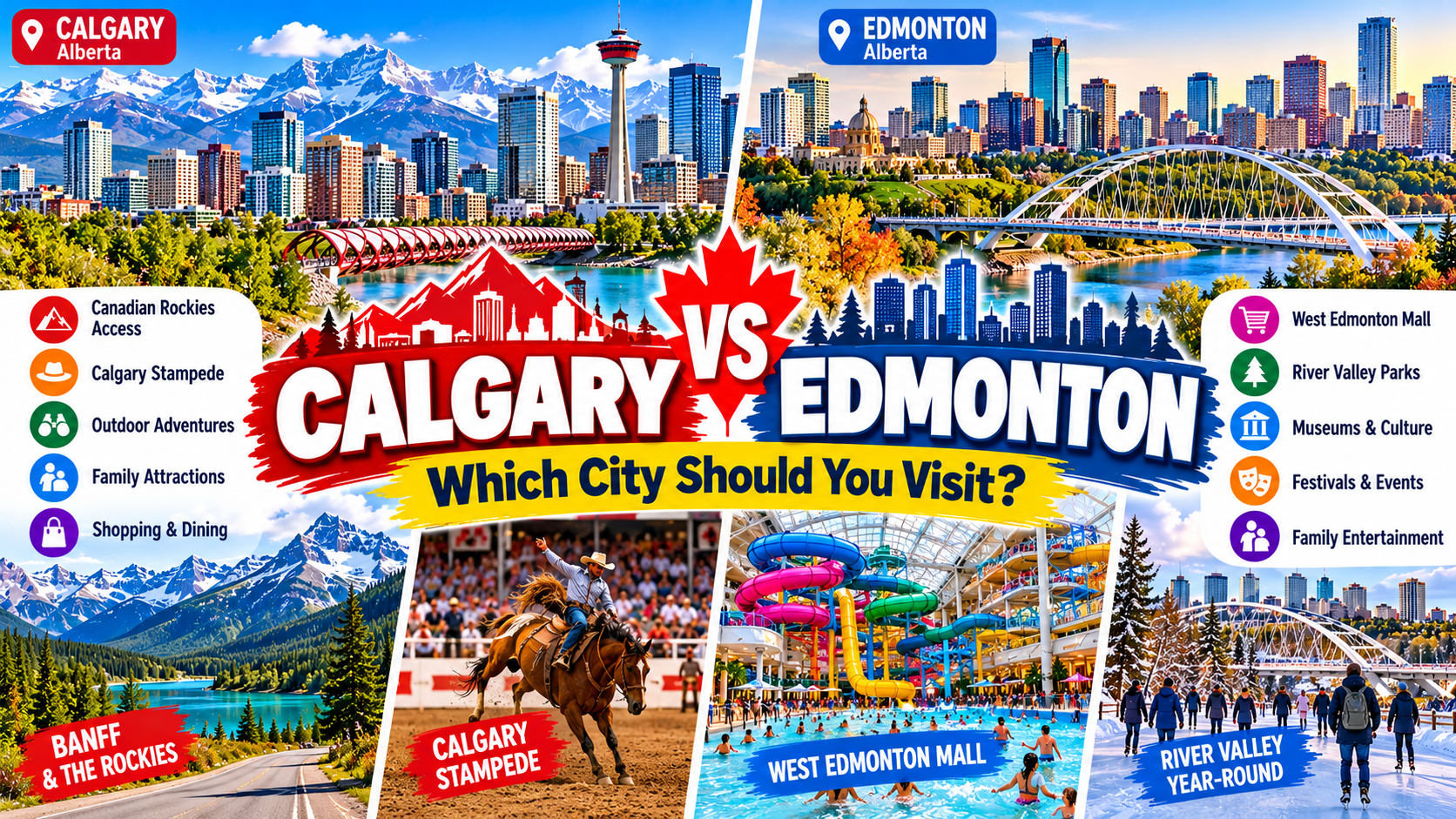 Calgary vs Edmonton travel comparison featuring Calgary Tower, Rocky Mountains, Walterdale Bridge, West Edmonton Mall and city attractions