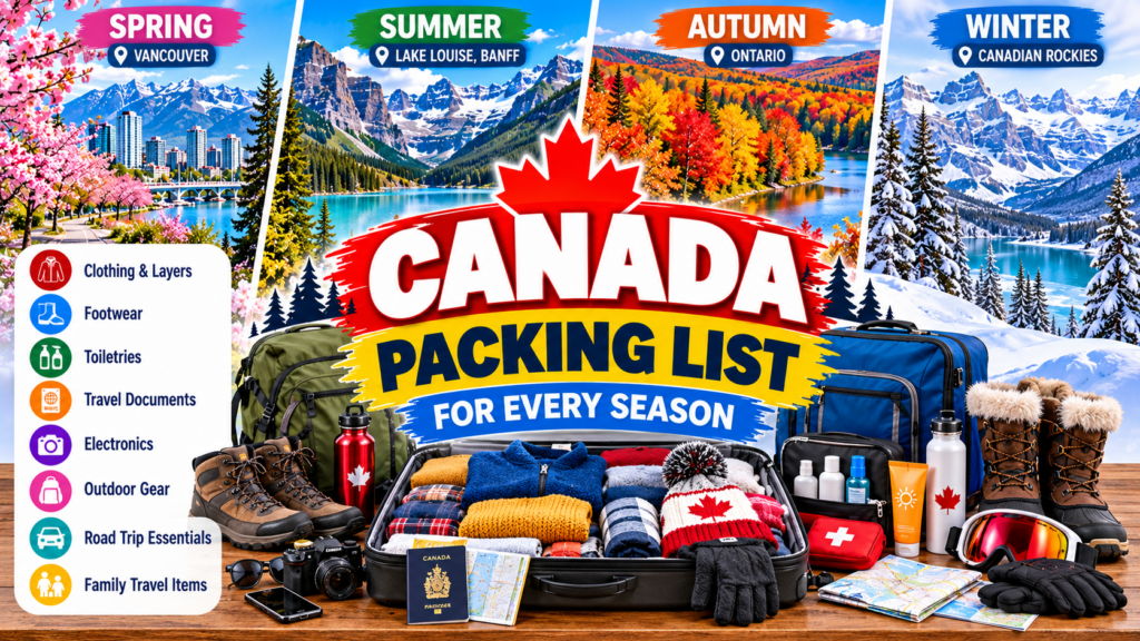 Canada packing list for every season featuring spring, summer, autumn and winter destinations with clothing, boots, luggage and travel essentials