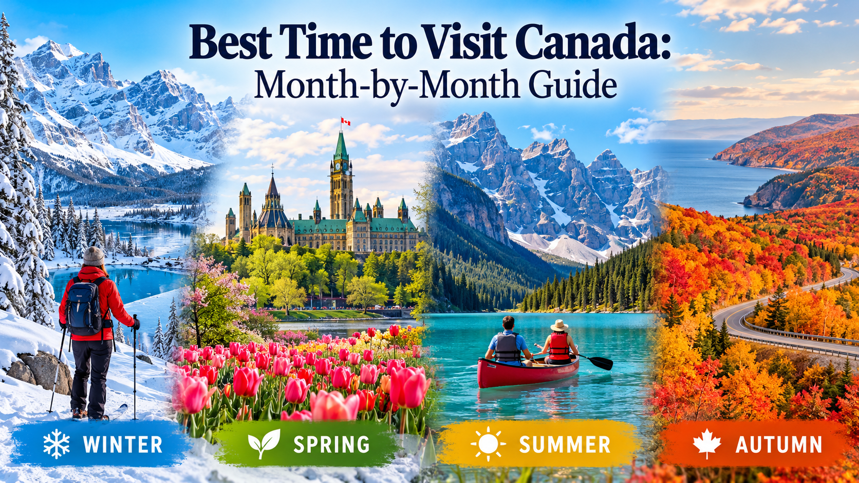Four seasons in Canada featuring snowy mountains, spring flowers, summer lakes and autumn forests