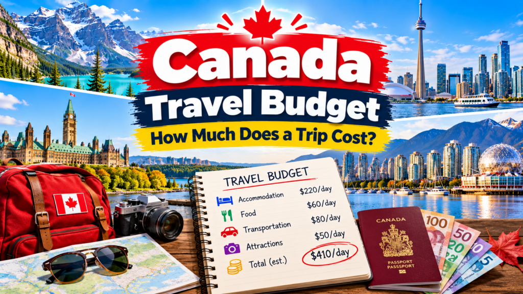 Canada travel budget guide featuring Canadian landmarks and a notebook with estimated daily travel costs