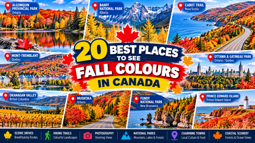 20 best places to see fall colours in Canada featuring Algonquin Park, Banff, Cabot Trail, Mont-Tremblant and colourful autumn forests
