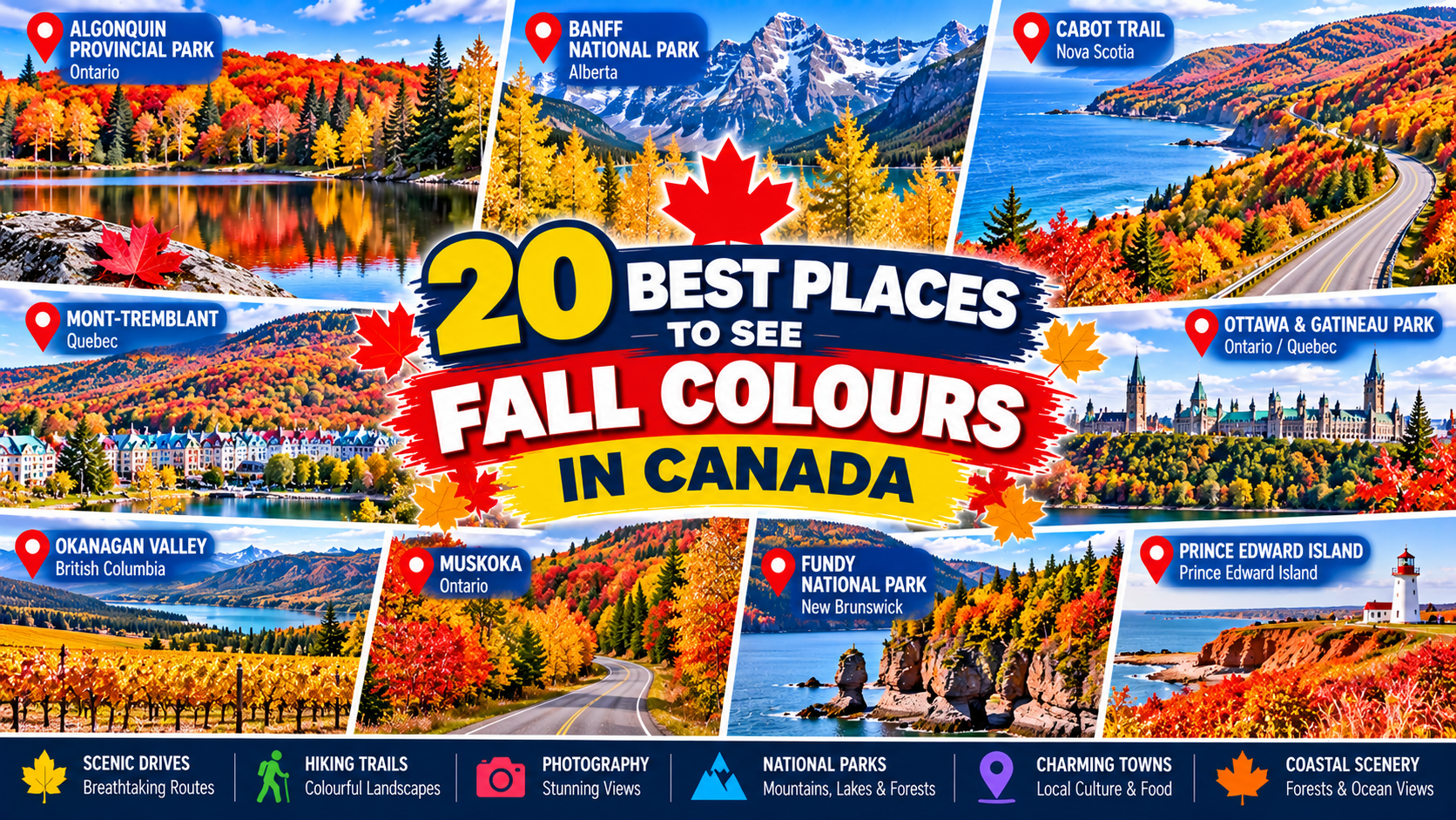 20 best places to see fall colours in Canada featuring Algonquin Park, Banff, Cabot Trail, Mont-Tremblant and colourful autumn forests