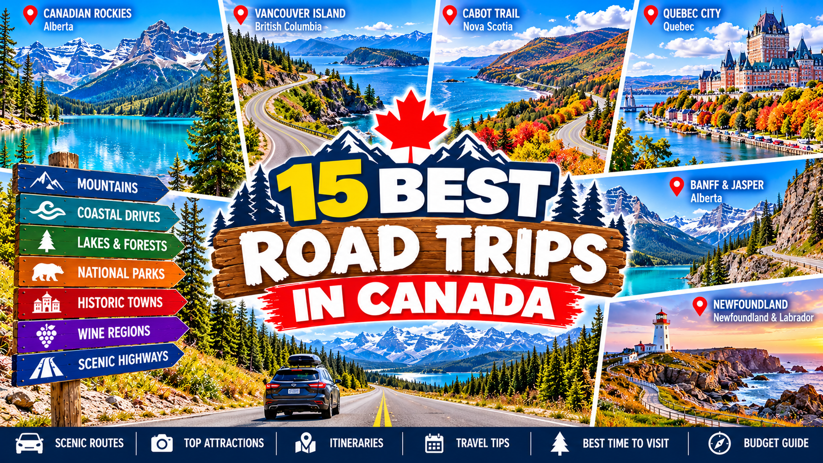 15 best road trips in Canada featuring the Canadian Rockies, Vancouver Island, Cabot Trail, Quebec City and scenic highways
