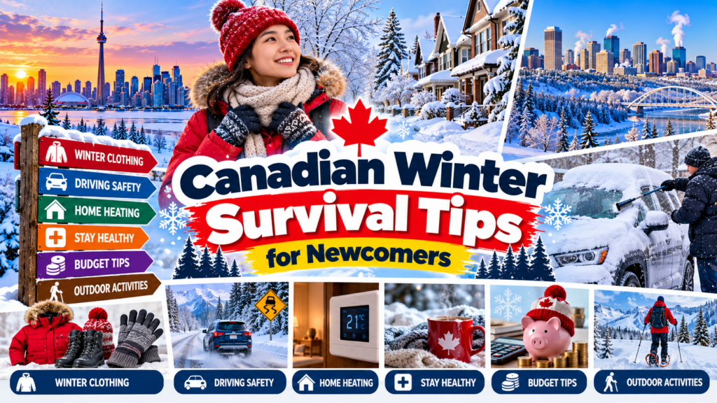 Canadian winter survival tips for newcomers featuring snowy cities, winter clothing, safe driving, home heating and outdoor activities