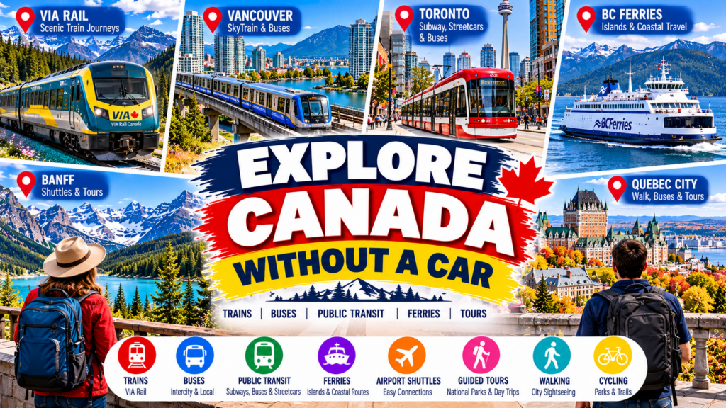 Explore Canada without a car using VIA Rail trains, Vancouver SkyTrain, Toronto streetcars, BC Ferries and Banff shuttles