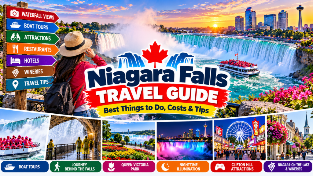 Niagara Falls travel guide featuring Horseshoe Falls, boat tours, Journey Behind the Falls, Clifton Hill and nighttime illumination