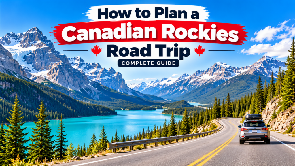 SUV driving along a scenic Canadian Rockies highway beside a turquoise lake and snow-capped mountains