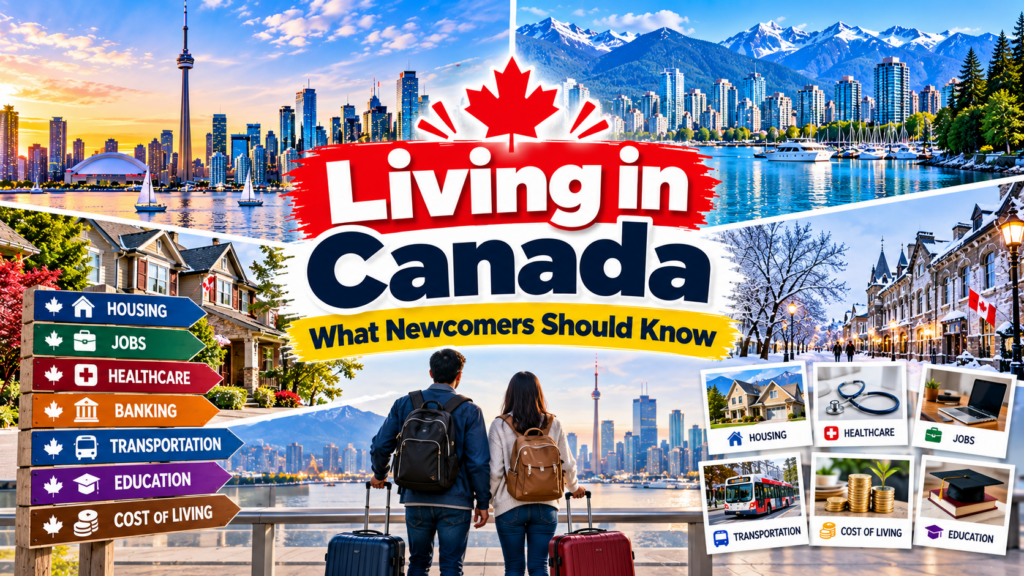 Living in Canada newcomers guide showing Canadian cities, housing, jobs, healthcare, education and a couple arriving with luggage