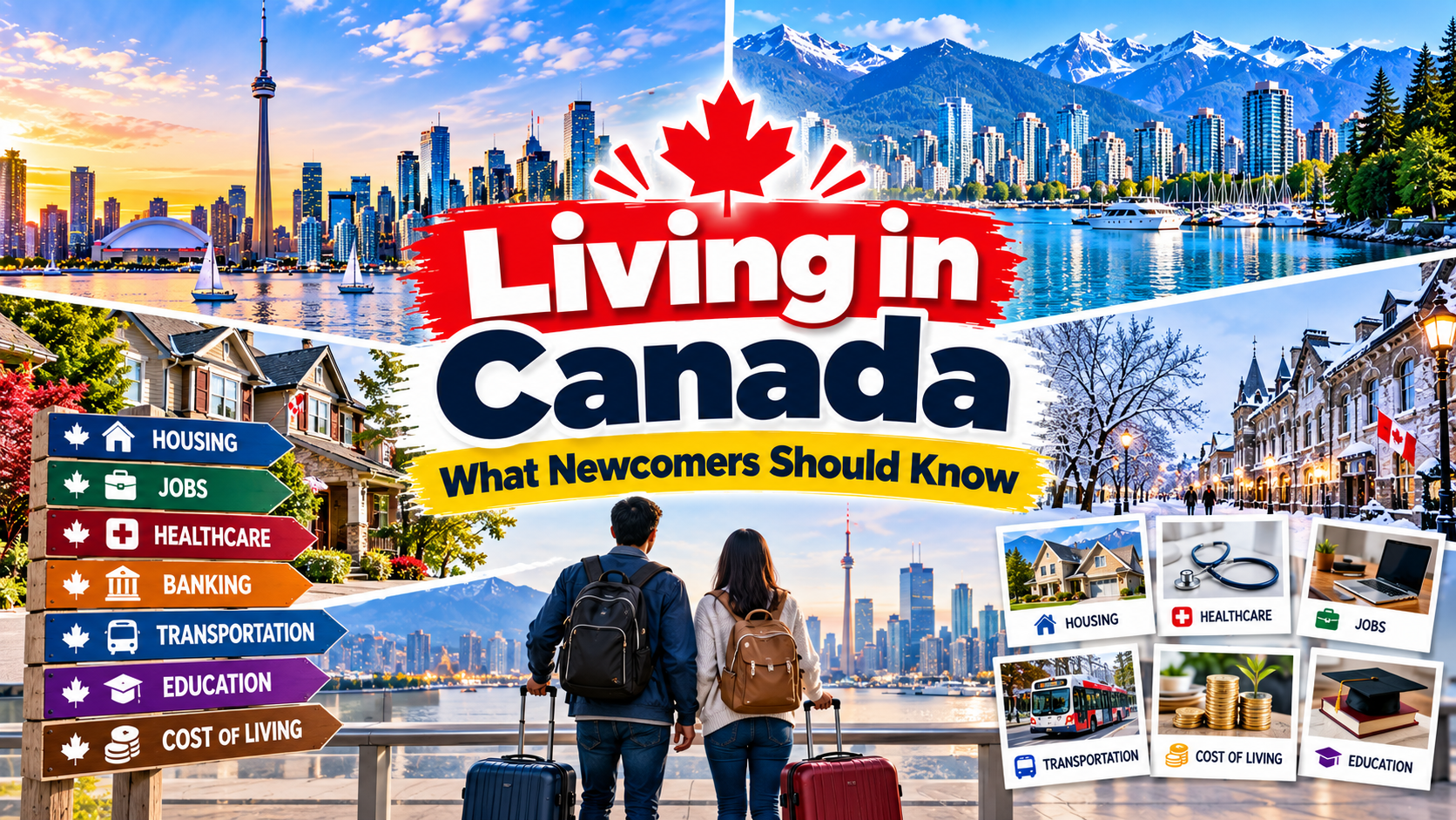 Living in Canada newcomers guide showing Canadian cities, housing, jobs, healthcare, education and a couple arriving with luggage