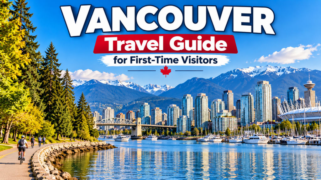 Vancouver skyline, waterfront and mountains featured in a travel guide for first-time visitors